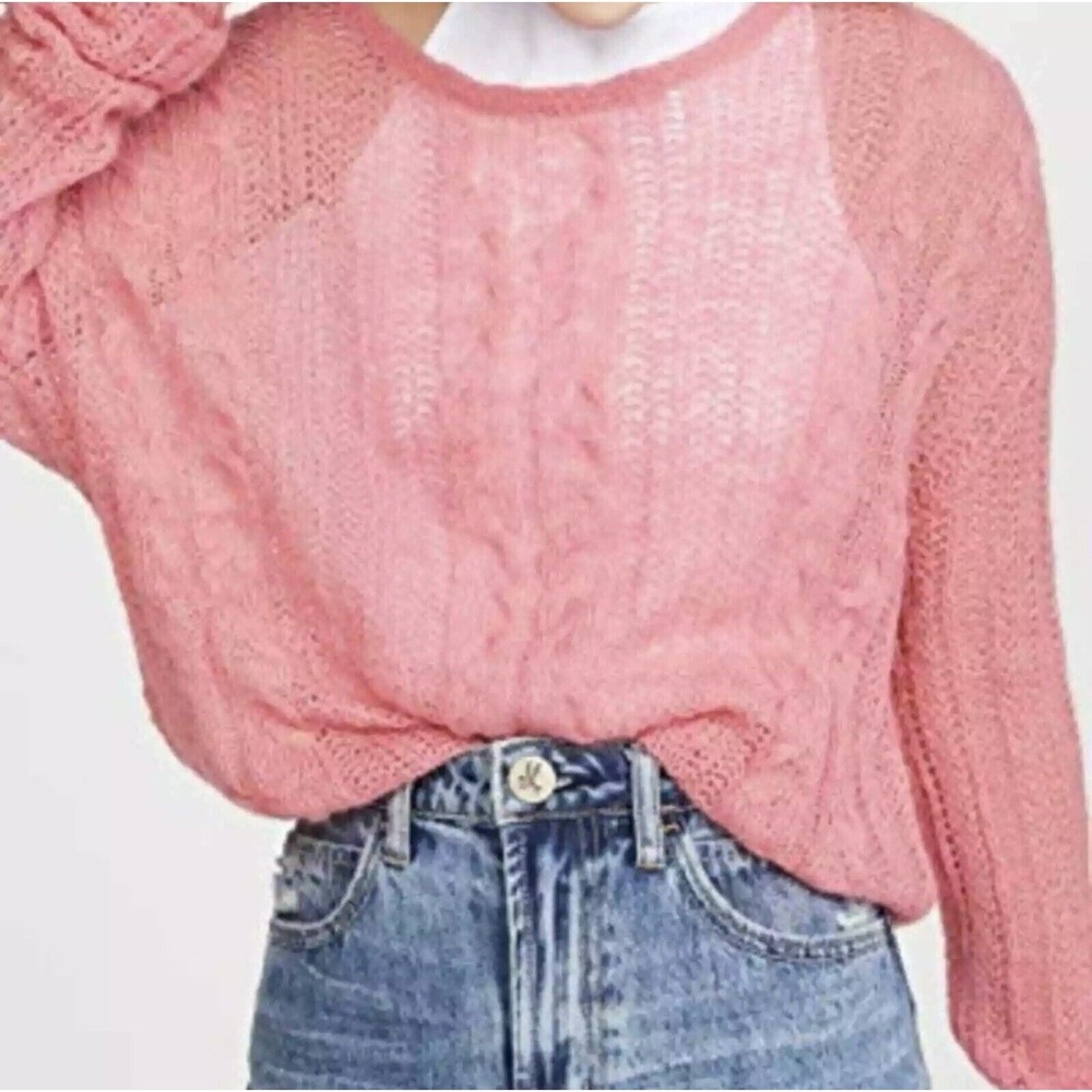 Free People S Pink Cable Knit Sweater Sheer Open Knit Mohair Style Boho Coquette